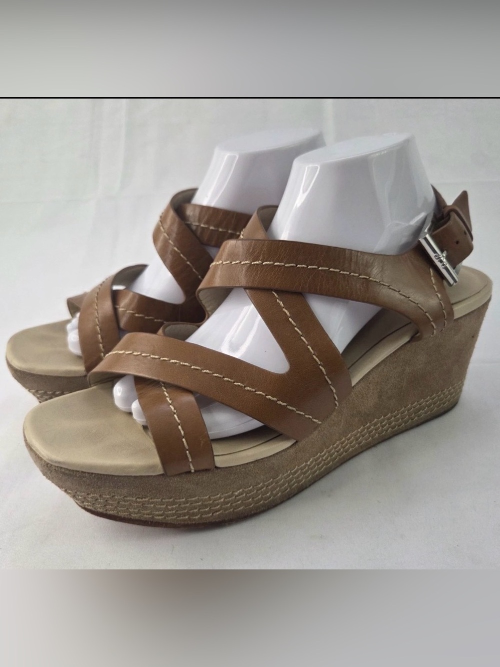 Donald J. Pliner Tan Camel Leather Slingback Wedge Platform Sandals Size 11 EUC